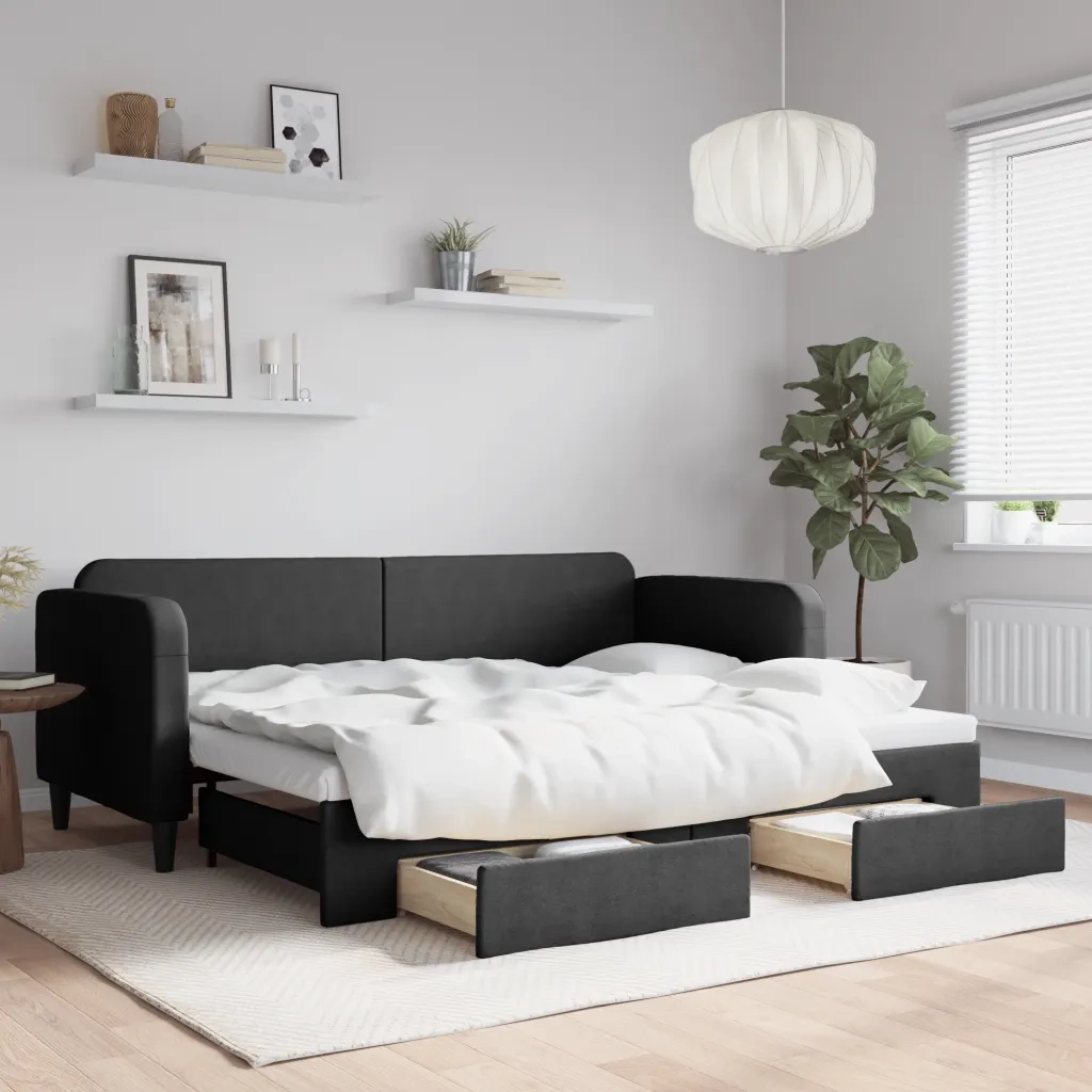 Divano Letto Estraibile con Cassetti-Sofa Letto-Daybed Nero 80x200 cm in Tessuto 310434