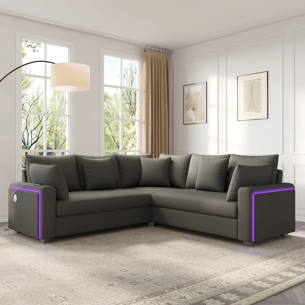 Divano angolare L 198x198 cm in corduroy grigio con LED; USB e USB-C