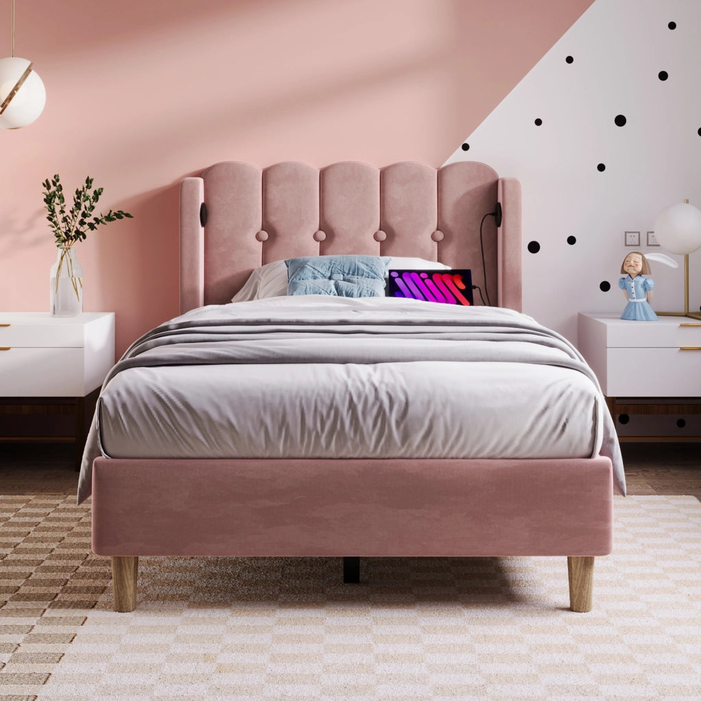 OKWISH Letto Singolo 90×200 cm con Porte USB, Tipo C e Testiera, senza Materasso, in Velluto, Rosa