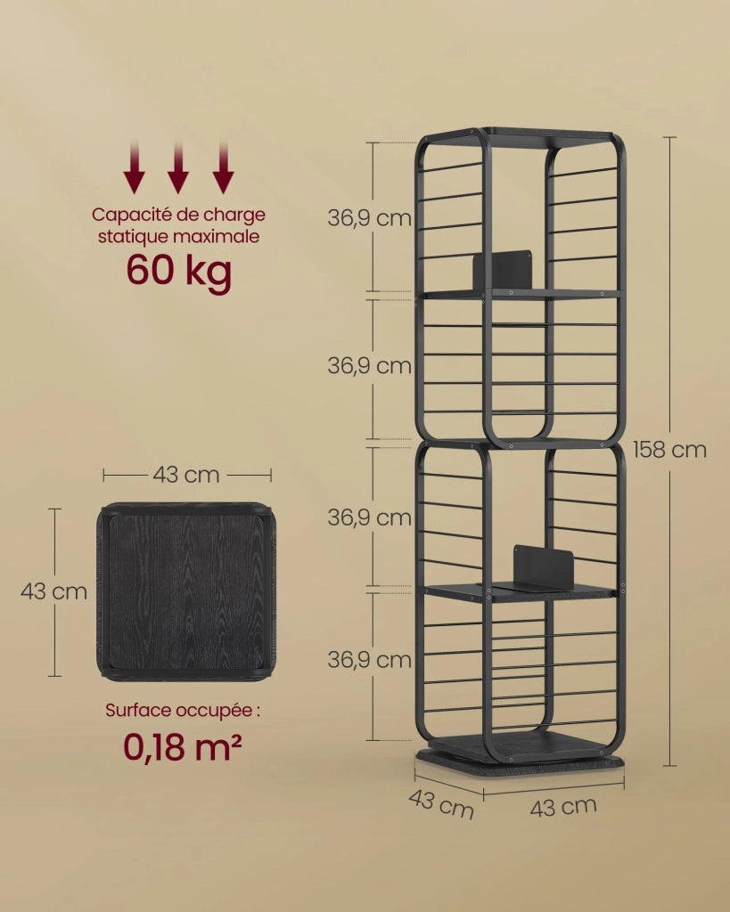 Libreria a 4 ripiani con ripiani girevoli e fermalibri per piccoli spazi 43 x 43 x 158 cm ripiano angolare struttura in acciaio nero 12_0004193