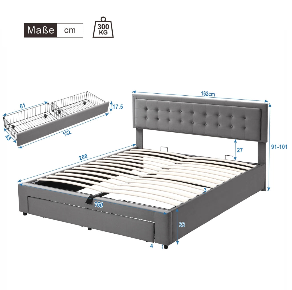 Letto contenitore 160x200 cm in velluto grigio con testiera regolabile