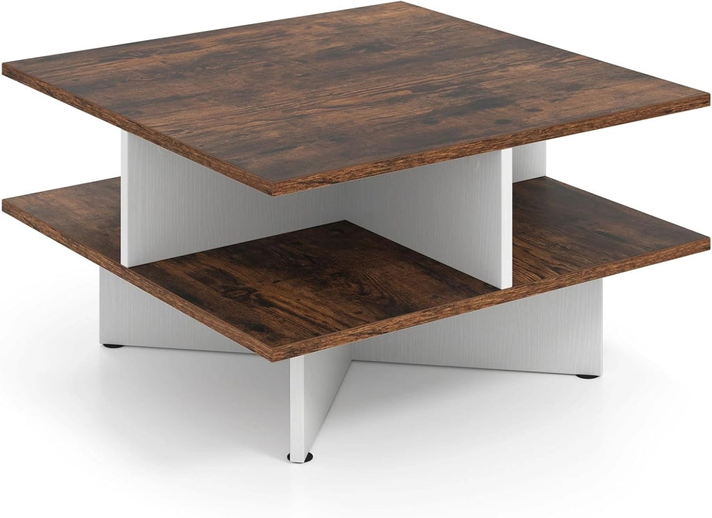 Tavolino da Caffè a 2 Livelli, Tavolo da Salotto con 4 Scomparti per Storage e Base a Croce, Tavolo Moderno per Studio, Ufficio e Soggiorno, Marrone e Bianco