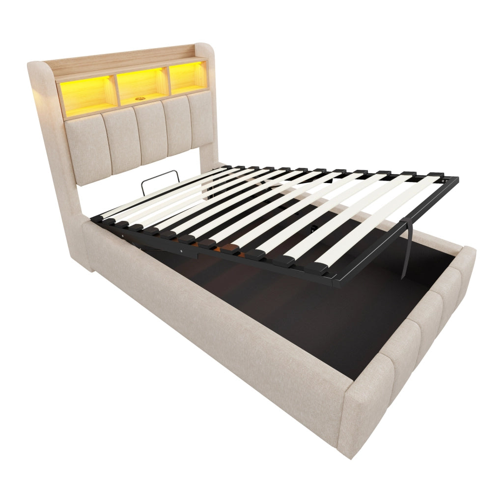 Letto imbottito 90x200 cm in tessuto effetto lino beige con LED; USB-C e contenitore idraulico