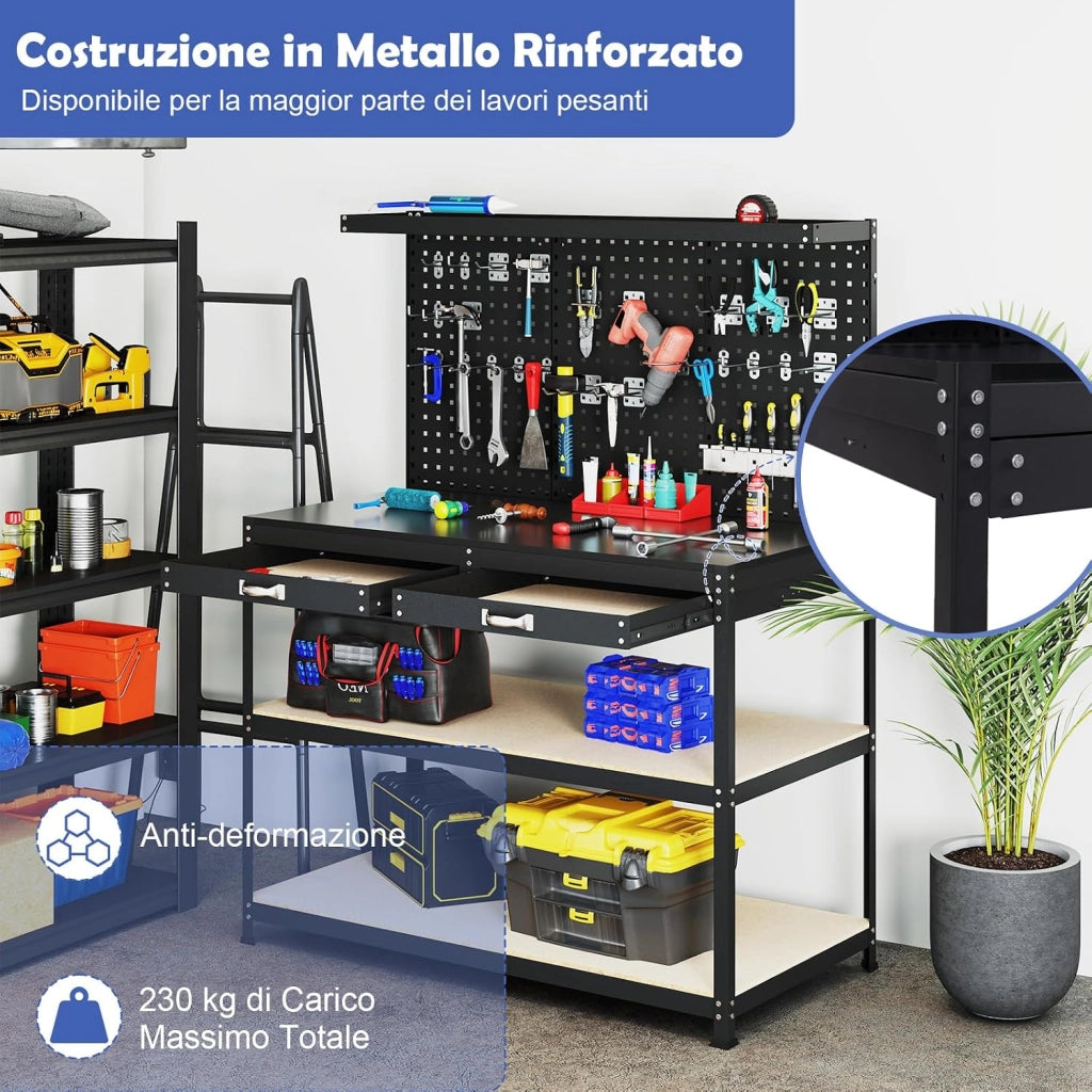 Banco da Lavoro con Piano da 120 x 60 cm, Banco da Lavoro Officina con Pannello Forato e 24 Ganci Porta Attrezzi, Tavolo da Lavoro per Garage con 2 Cassetti e 2 Mensole (Nero)