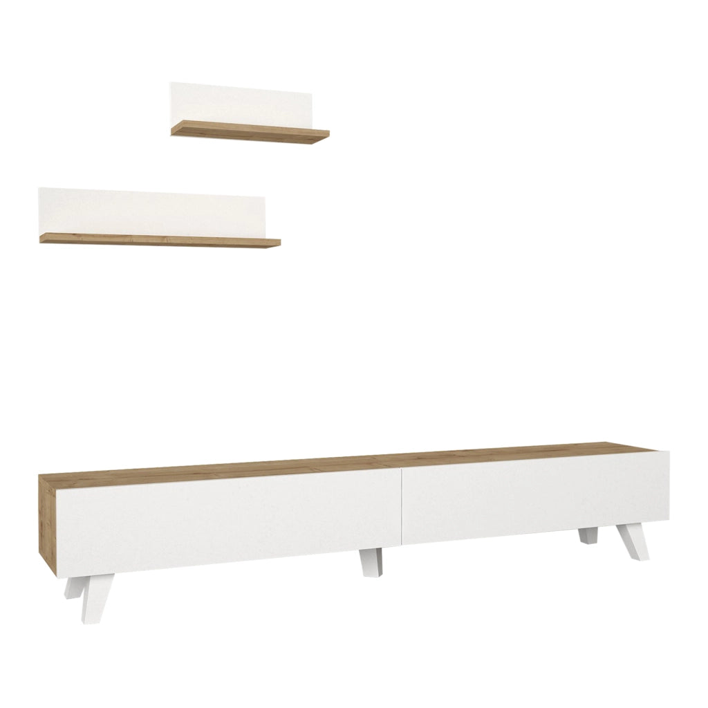Set di Mobile TV e 2 Mensole da Muro Armadietto Porta TV 180 cm con 2 Ante a Ribalta e Mensole a Forma di L Lunghezze Diverse - Effetto Rovere / Bianco [en.casa]
