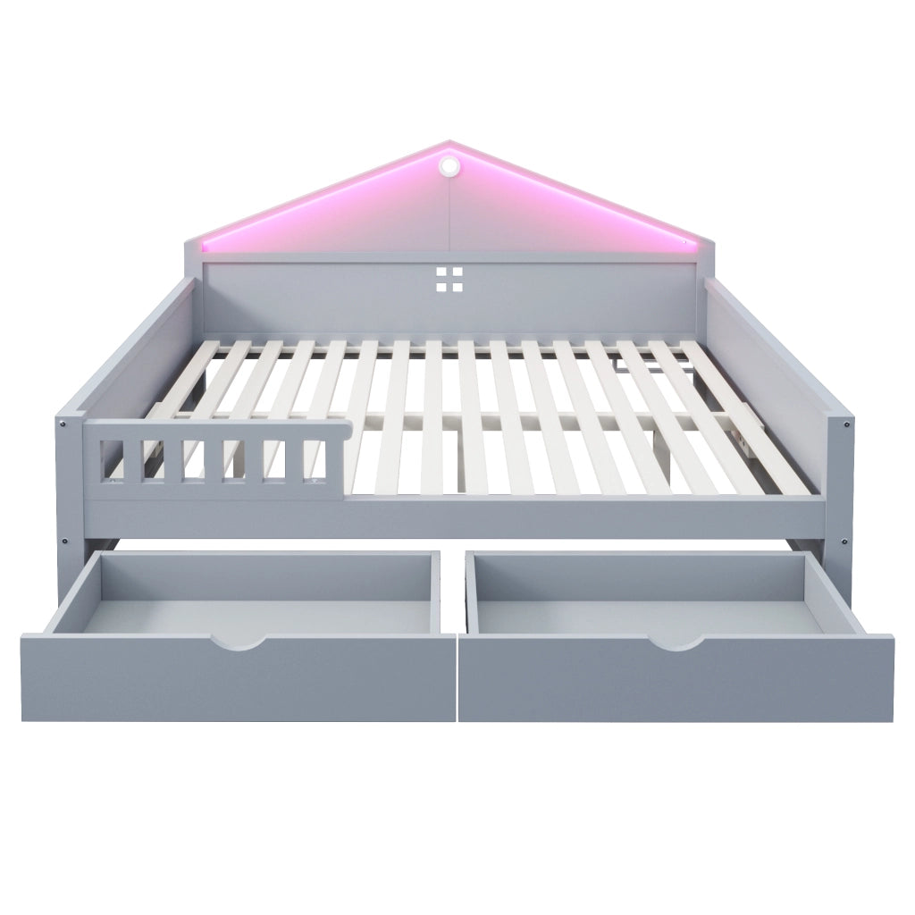 Letto Singolo 140x200 cm con 2 Cassetti e LED; in Legno Massello e MDF; Grigio
