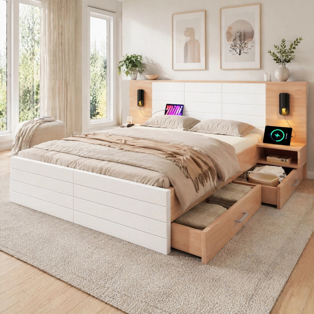 Letto matrimoniale 180x200 cm in legno massello e MDF con 2 cassetti, luci da lettura e USB, colore bianco e rovere