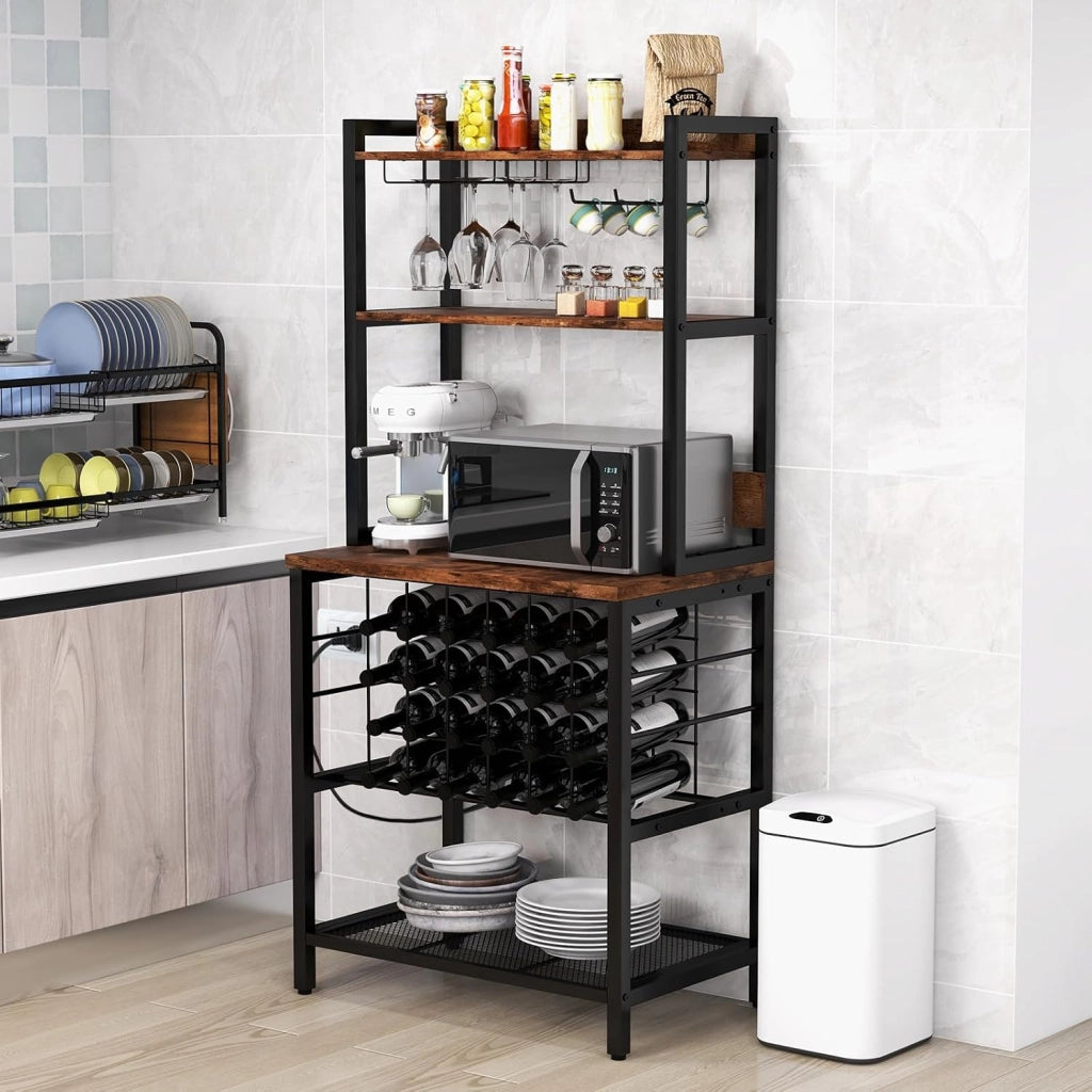 Scaffale per vino con prese e USB per 24 bottiglie e tazze, mensola da cucina a 5 Ripiani con piano di lavoro, scaffale multiuso per più dispositivi, portabottiglie per vino 76 x 48 x 163 cm