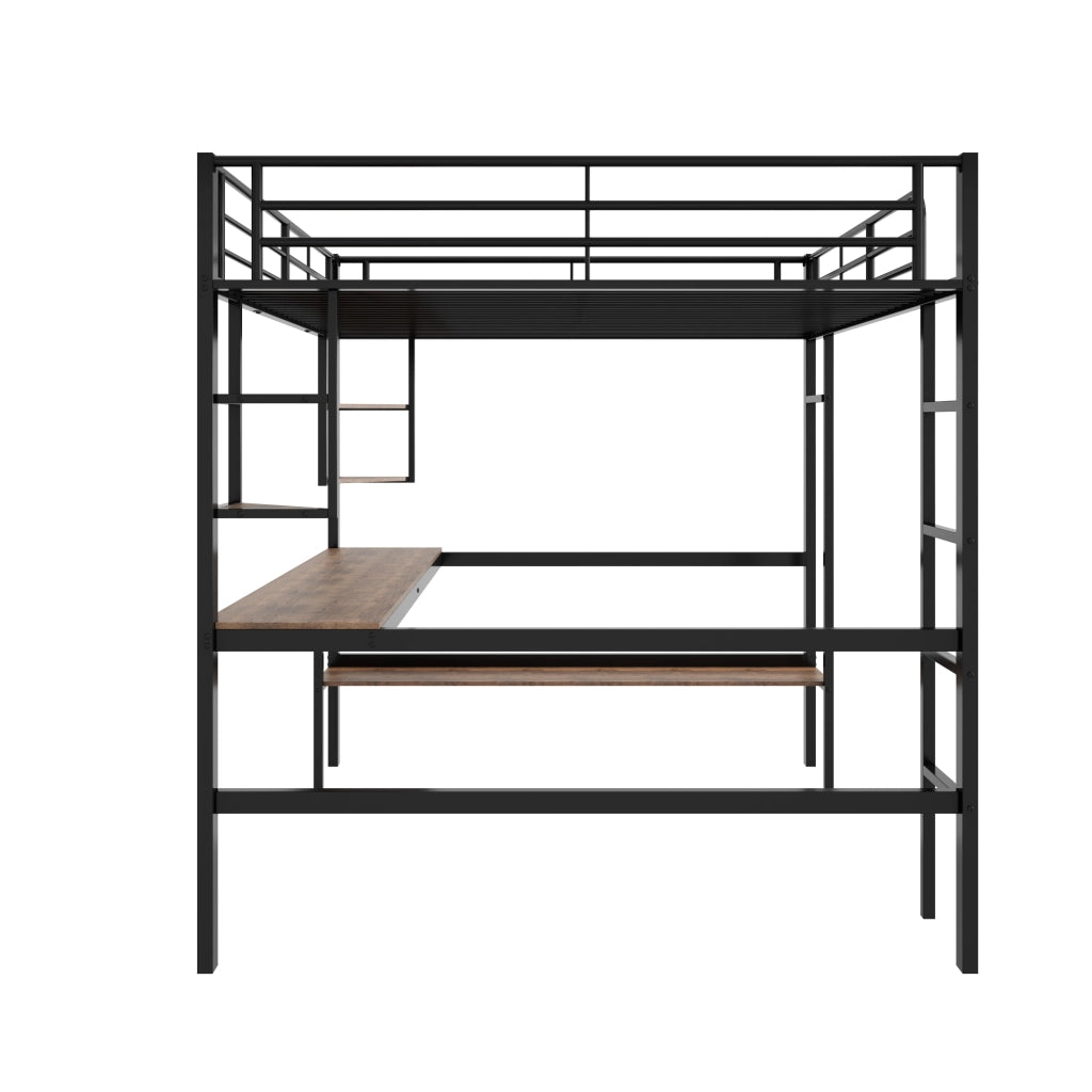 Letto a castello nero in metallo con scrivania e scaffali 140x200 cm