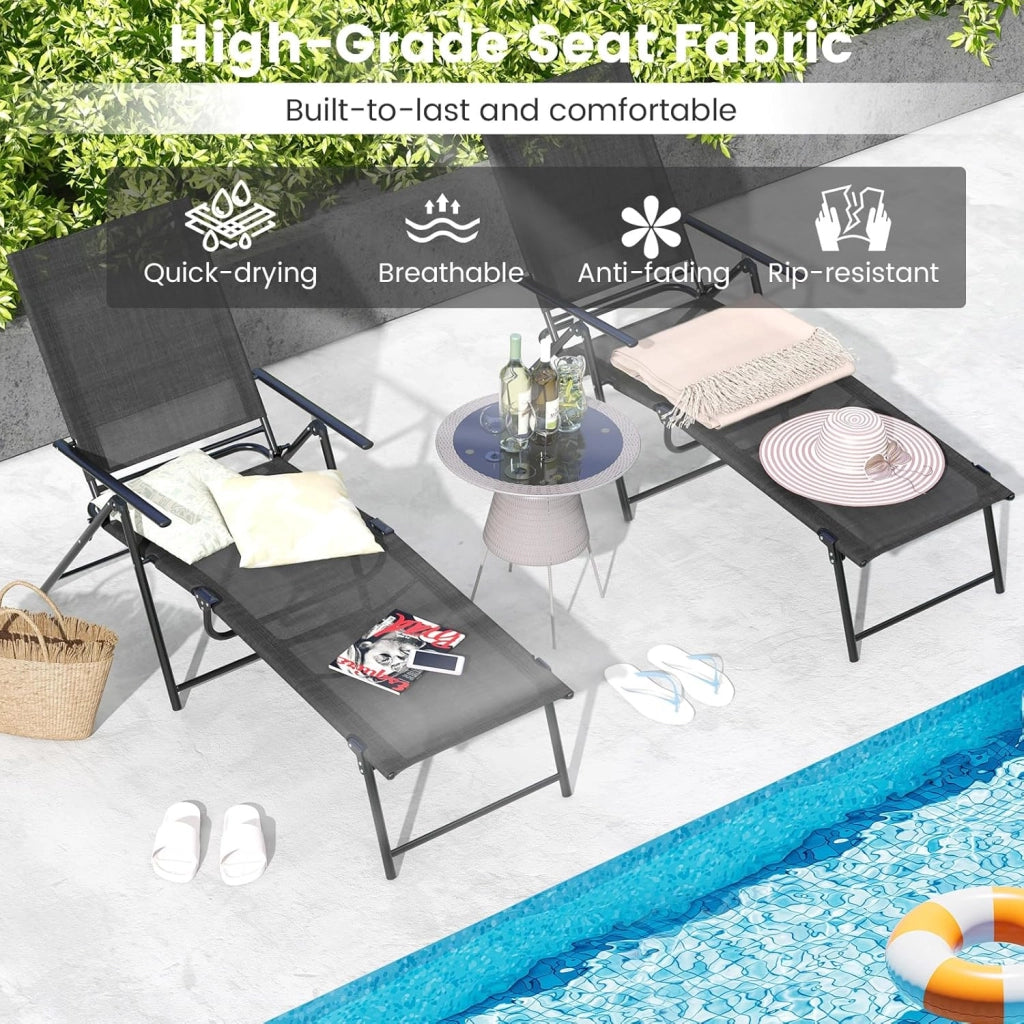 Set di 2 sedie a sdraio pieghevole con schienale regolabile, sdraio da spiaggia per giardino, spiaggia, piscina (nero)