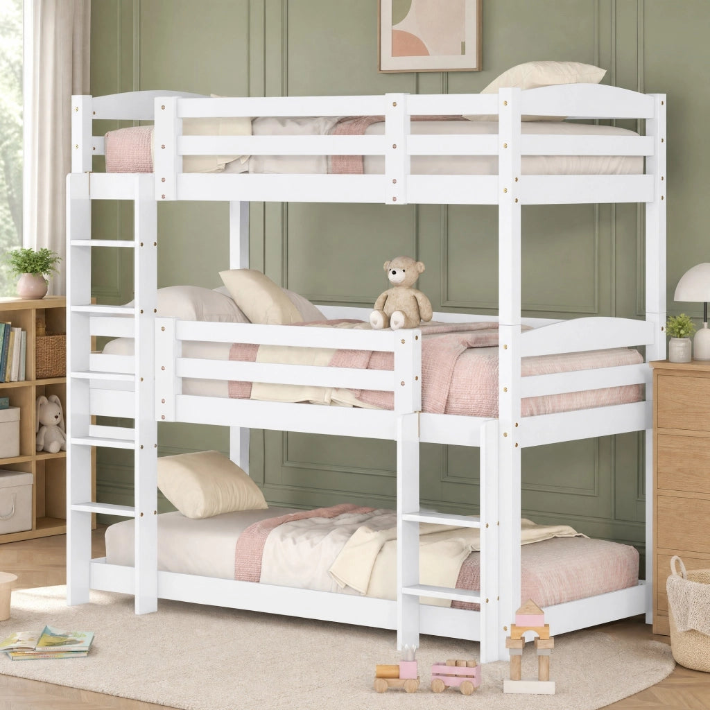 Letto a castello triplo per bambini 90x200 cm in legno di pino e MDF; bianco
