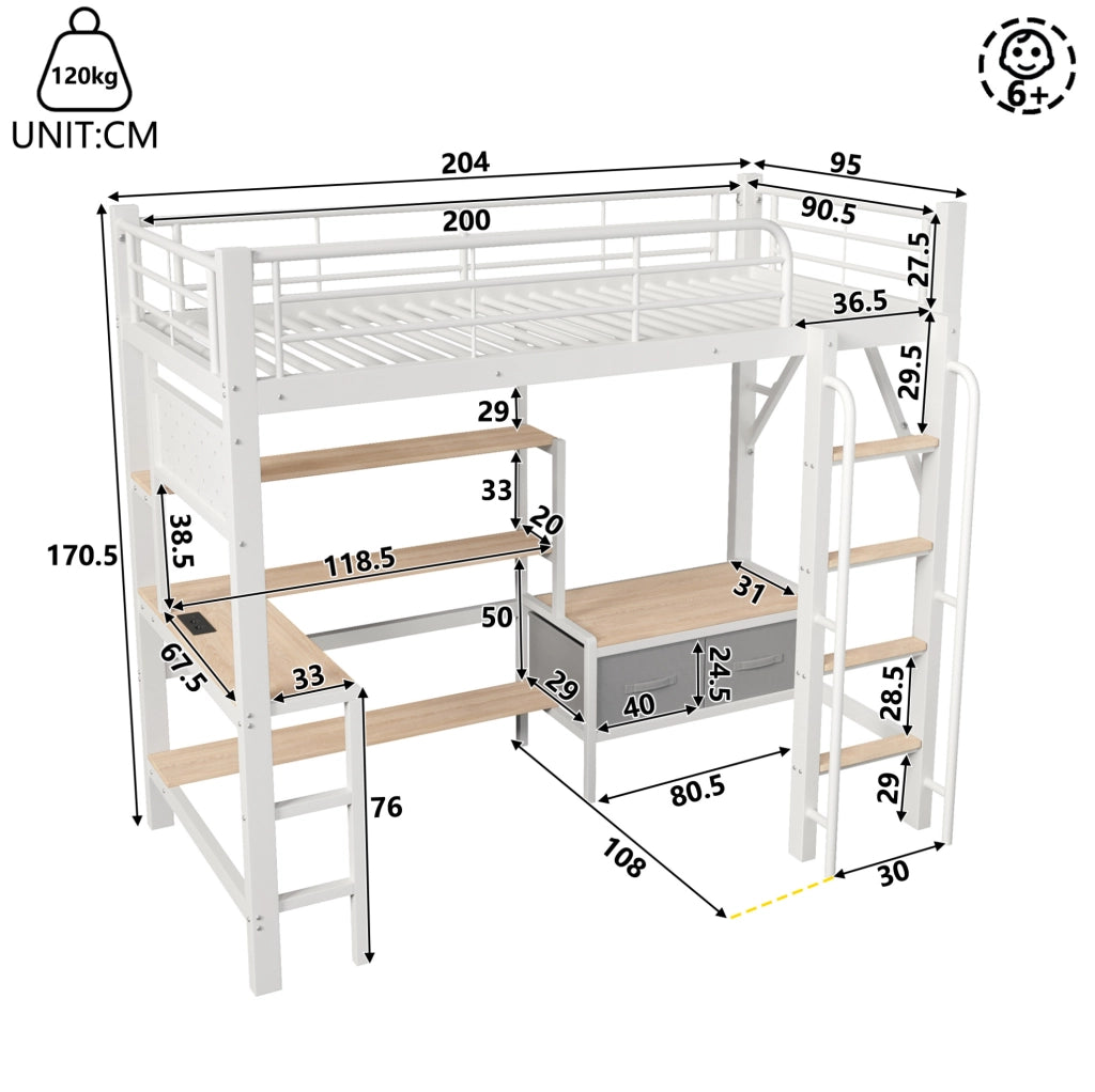 Letto a soppalco 90x200 cm bianco con scrivania, LED e USB