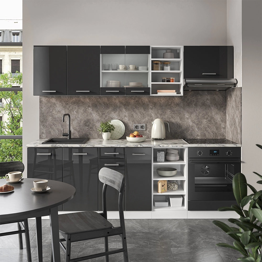 Cucina componibile R-Line Antracite lucido/Bianco 240 cm senza piano di lavoro Vicco