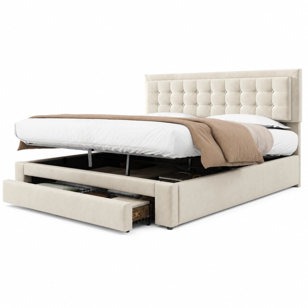 Letti contenitori 160x200 cm; contenitore e testiera regolabile; velluto beige