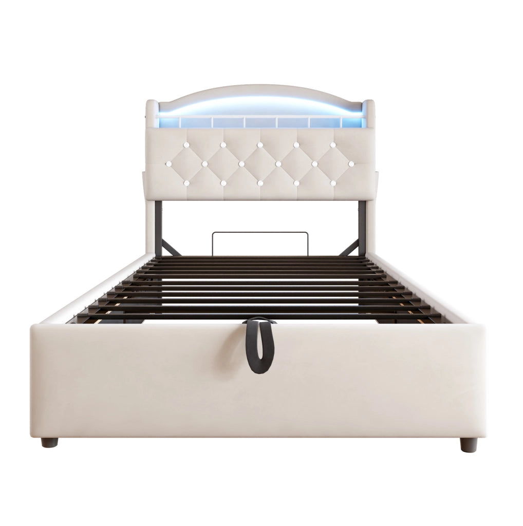 Letto imbottito per bambini 90x200 cm beige con contenitore, LED, USB e porta Type-C