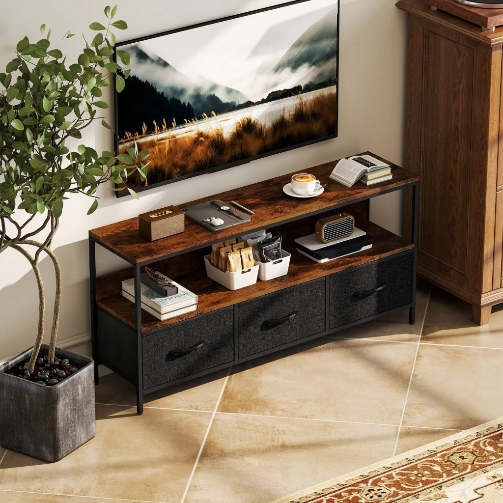 Mobile TV con 3 cassetti ¨C Xylo ¨C Legno marrone rustico e acciaio nero 120x29x56 cm