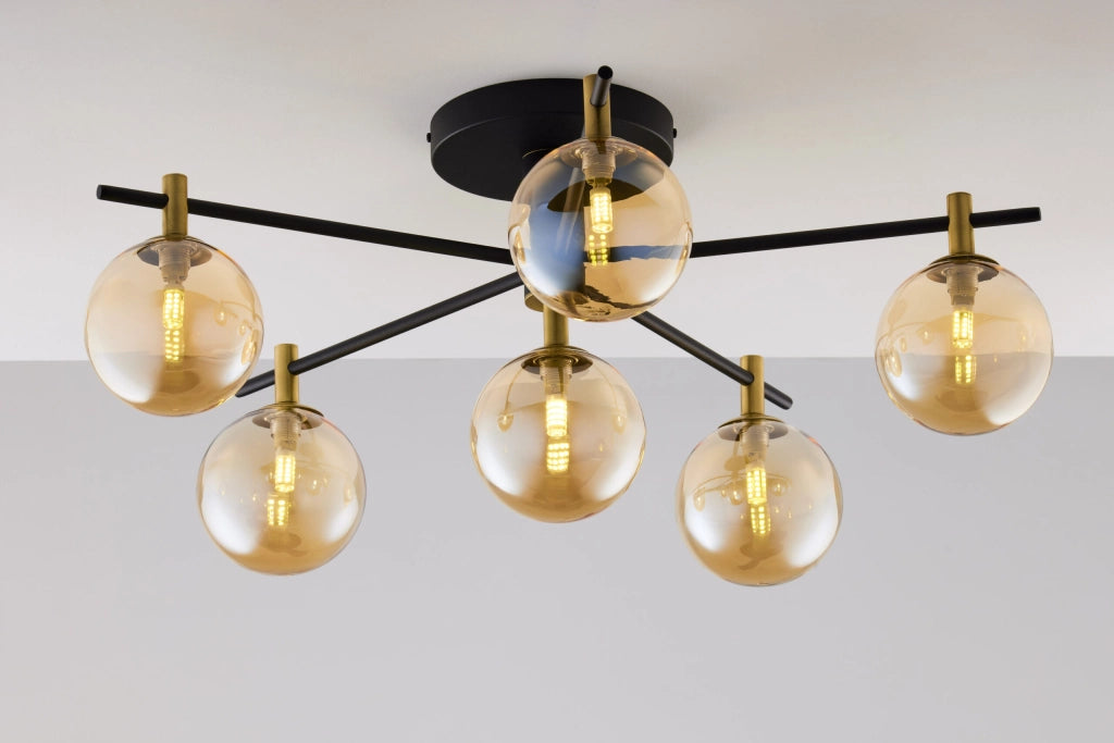 Plafoniera FIGARO Jupiter nera oro, 6 sfere ambra G9