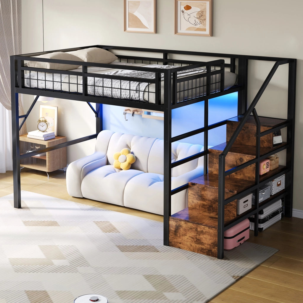 LETTO A CASTELLO 140 x 200 cm in metallo nero con LED e scale contenitore
