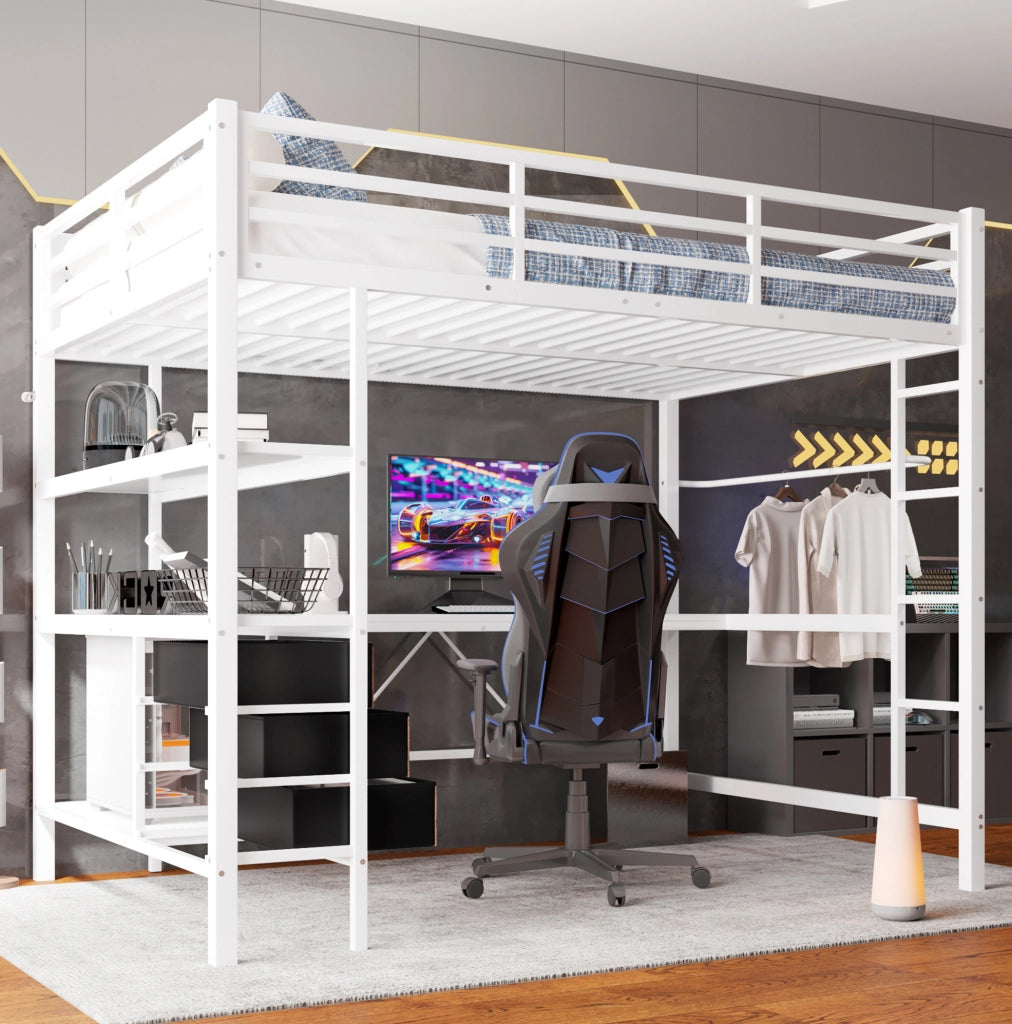 Letto a soppalco 140x200 cm con scrivania; LED; cassetti in metallo e MDF bianco