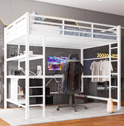 Letto a soppalco 140x200 cm con scrivania; LED; cassetti in metallo e MDF bianco