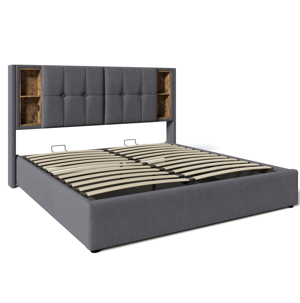 Letto matrimoniale imbottito 160x200 cm grigio con ricarica wireless; USB e contenitore; con materasso