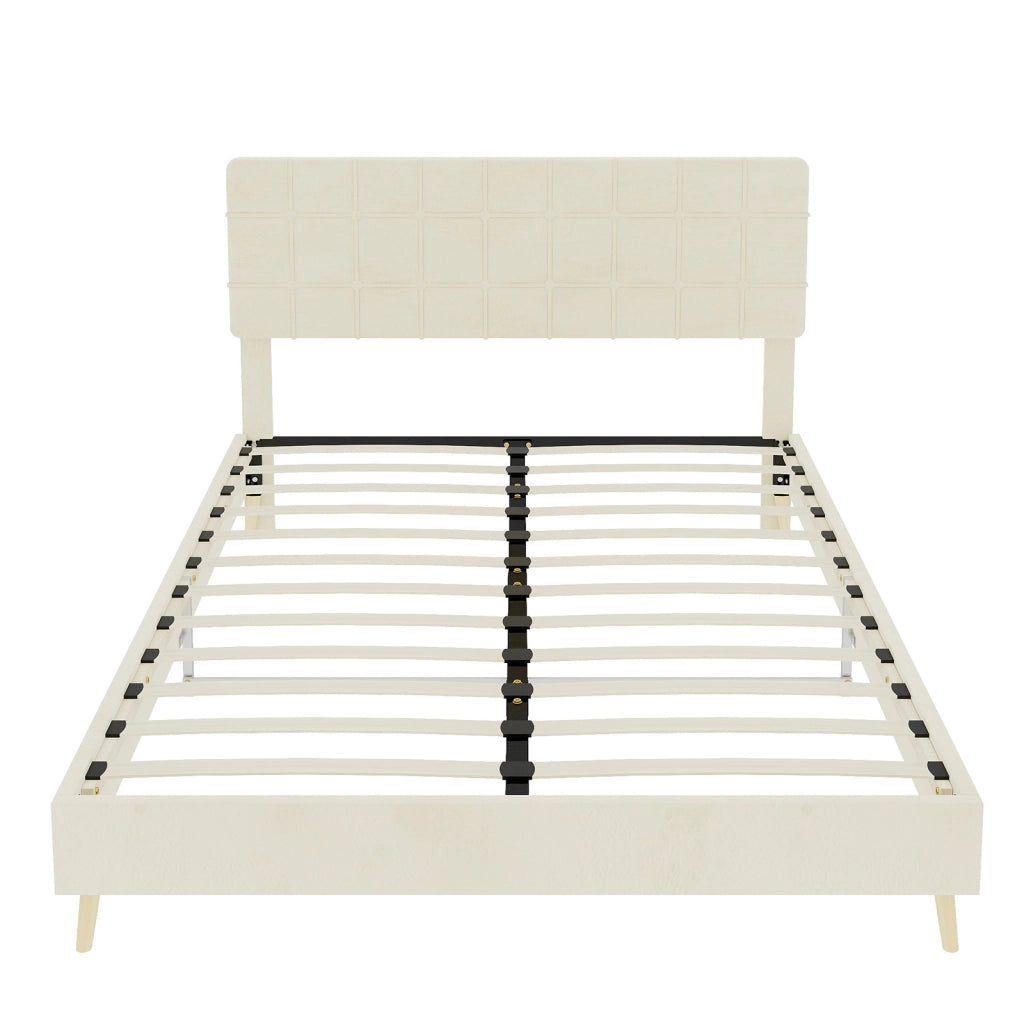 Letto matrimoniale 140 × 200 cm con testiera trapuntata, struttura stabile, senza materasso, in velluto beige