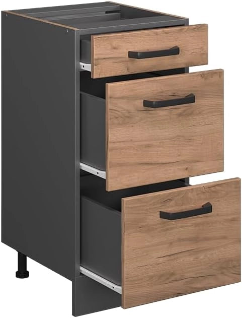 Mobiletto base per cucina R-Line, Quercia dorata, 40 cm con cassetti, senza piano di lavoro, per la libera combinazione all'interno di sistemi cucina modulari