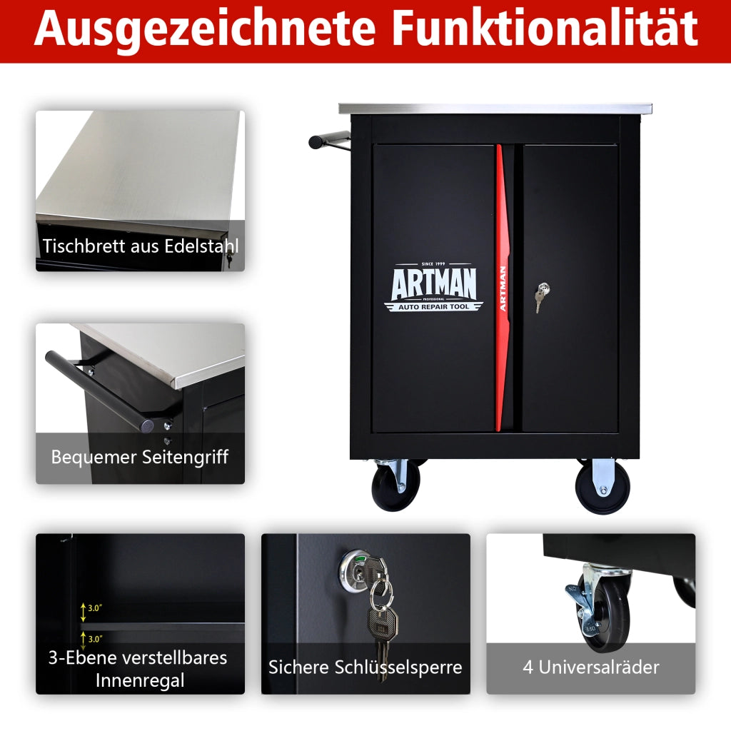 Carrello porta utensili a doppia anta con 4 ruote e serratura in acciaio nero e rosso 62,5 × 34,5 × 78 cm