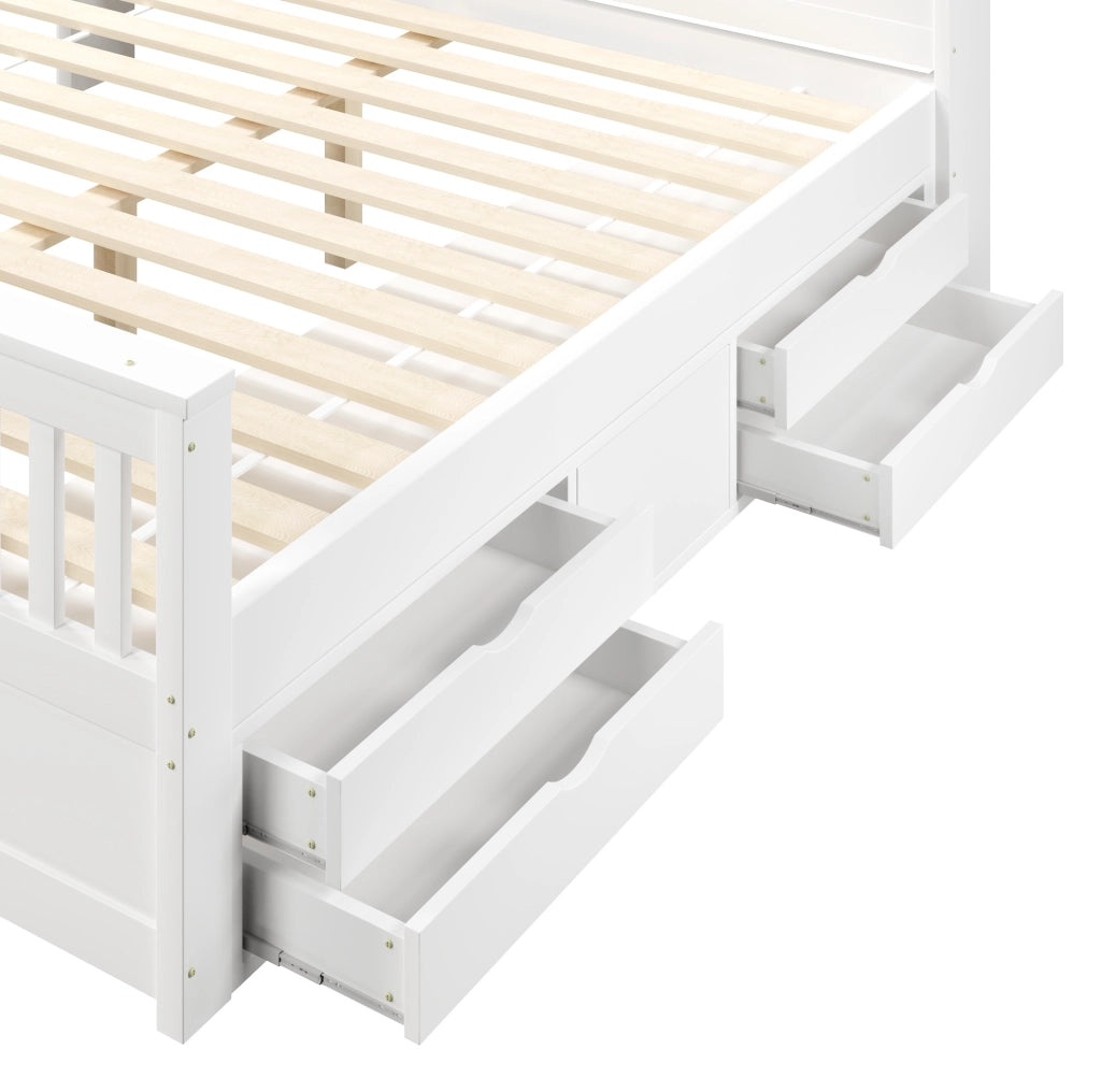 Letto matrimoniale 180x200 cm con testiera a libreria; LED e 4 cassetti in MDF e compensato; bianco