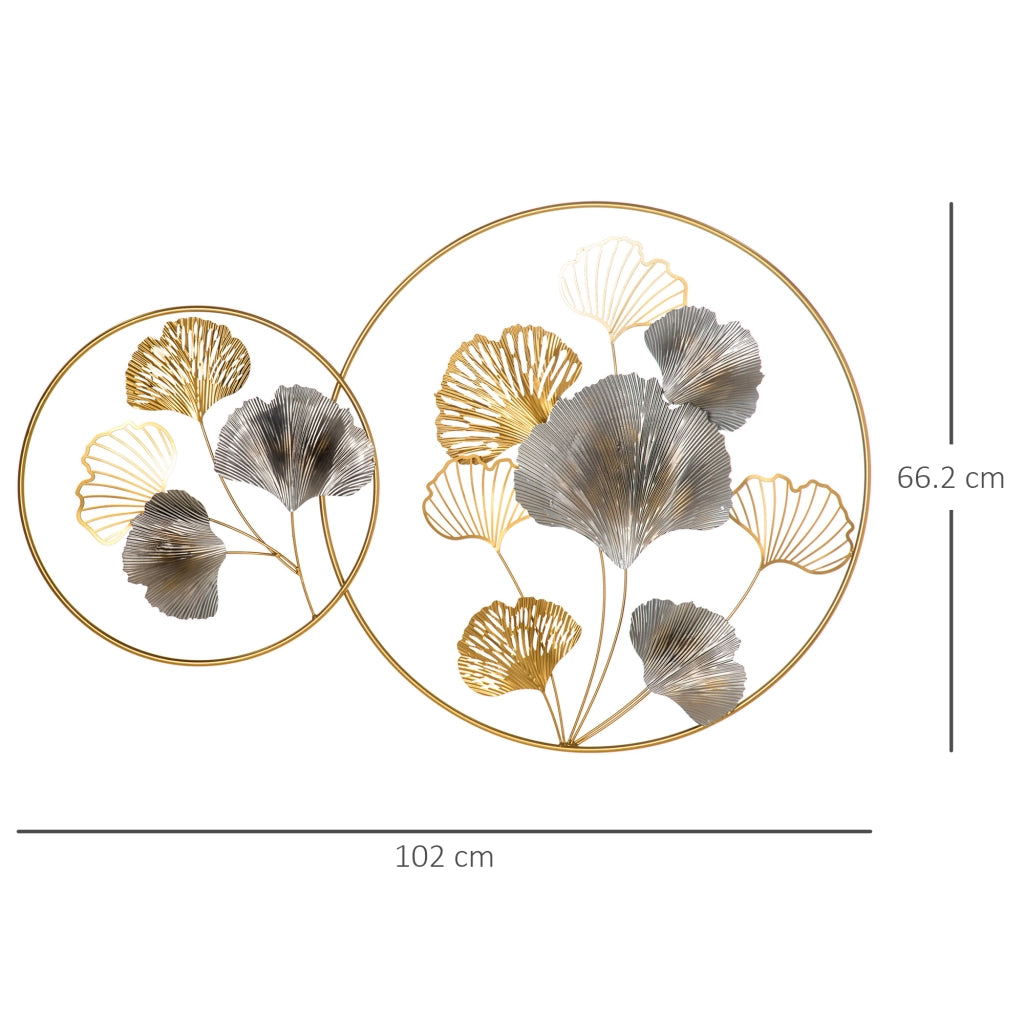 EasyComfort Decorazione Murale 3D in Metallo, Wall Art Dorata con Ginkgo in due Cornici Rotonde, 102x66.2cm, Oro e Argento