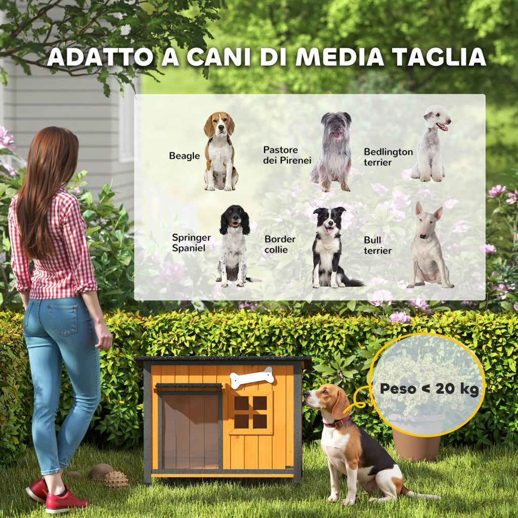 Cuccia per Cani da Esterno 84,5x62x65 cm Tetto Apribile e Tenda per Porta in Legno e Acciaio Giallo
