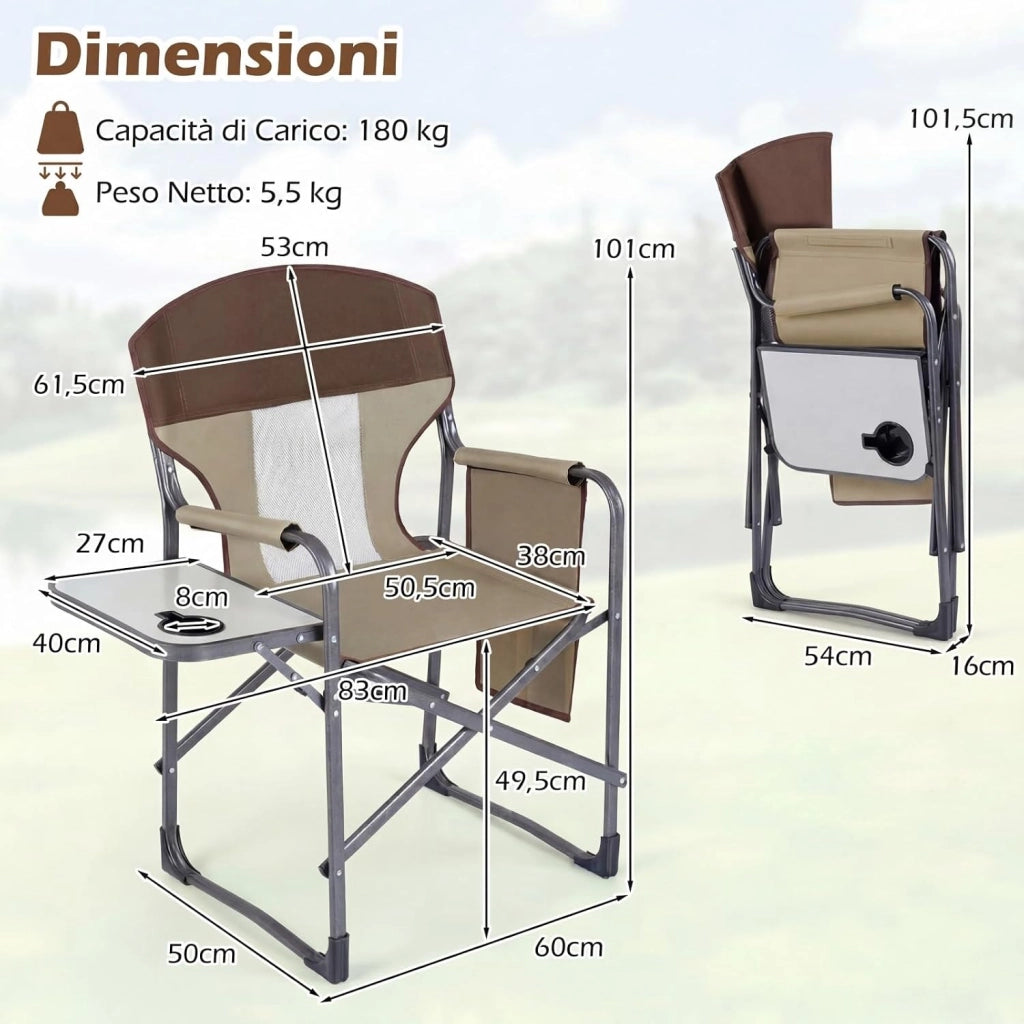 Sedia da Campeggio Pieghevole, Sedia da Regista con Tavolino Laterale, Portabicchieri e Tasca Portaoggetti, Portata 180 kg, Poltrona da Esterno per Spiaggia, Pesca e Picnic (Marrone)