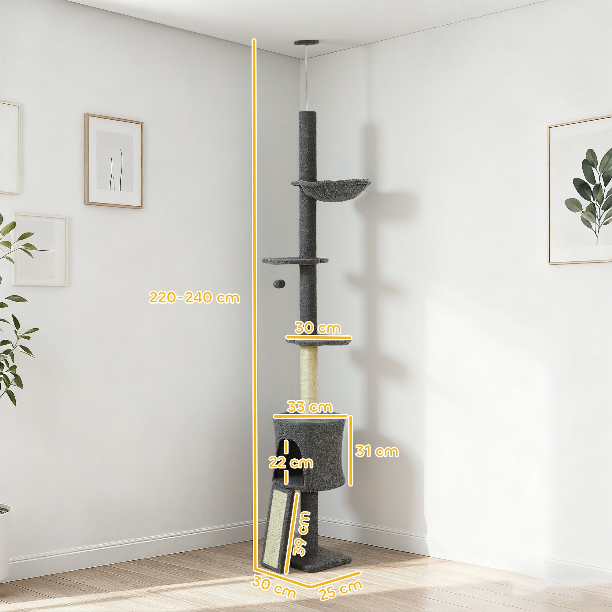 Albero per Gatti a Soffitto Alto 220-240 cm con Amaca Casetta Piattaforme a Fiore e Pali in Sisal Grigio