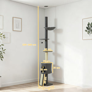 Albero per Gatti a Soffitto Alto 220-240 cm con Amaca Casetta Piattaforme a Fiore e Pali in Sisal Grigio