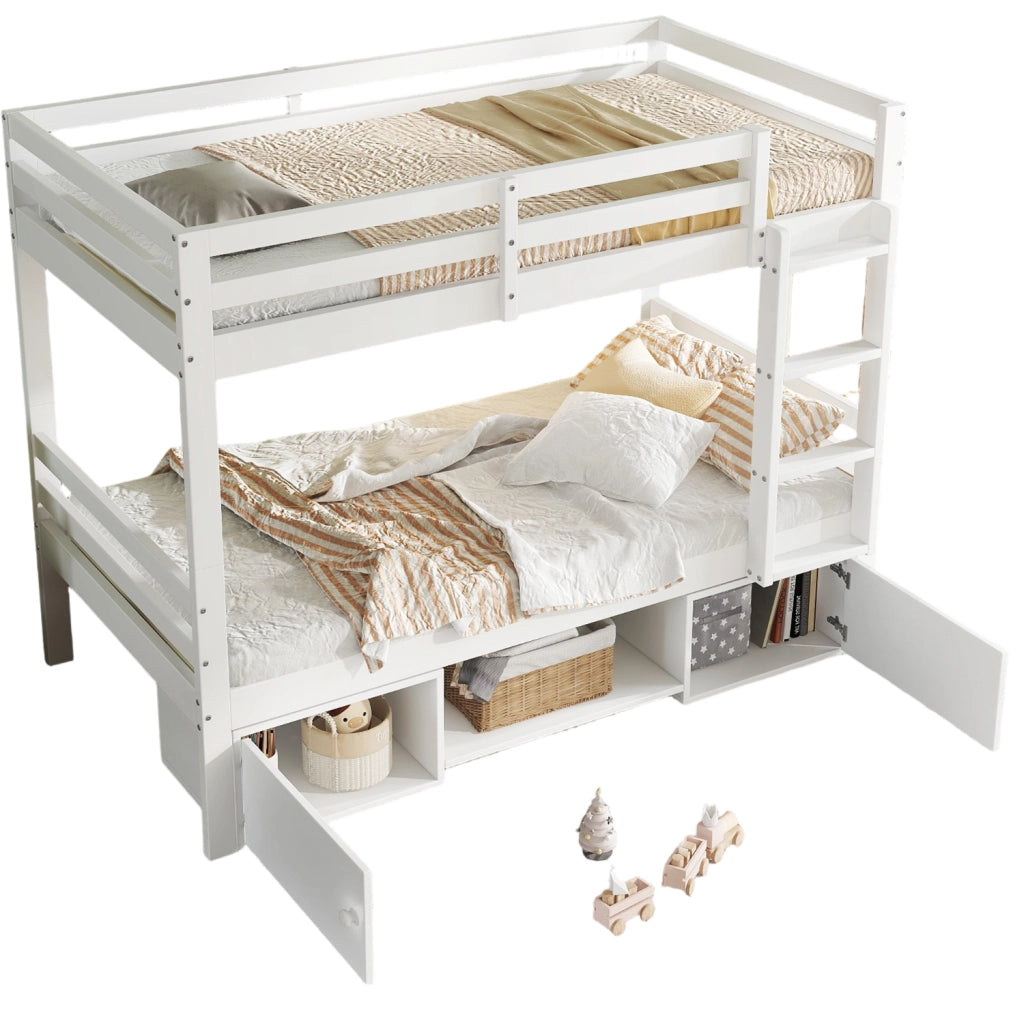 Letto a castello per bambini 205x104x158 cm con scaffale e armadietti; divisibile in 2 letti singoli; legno e MDF; bianco