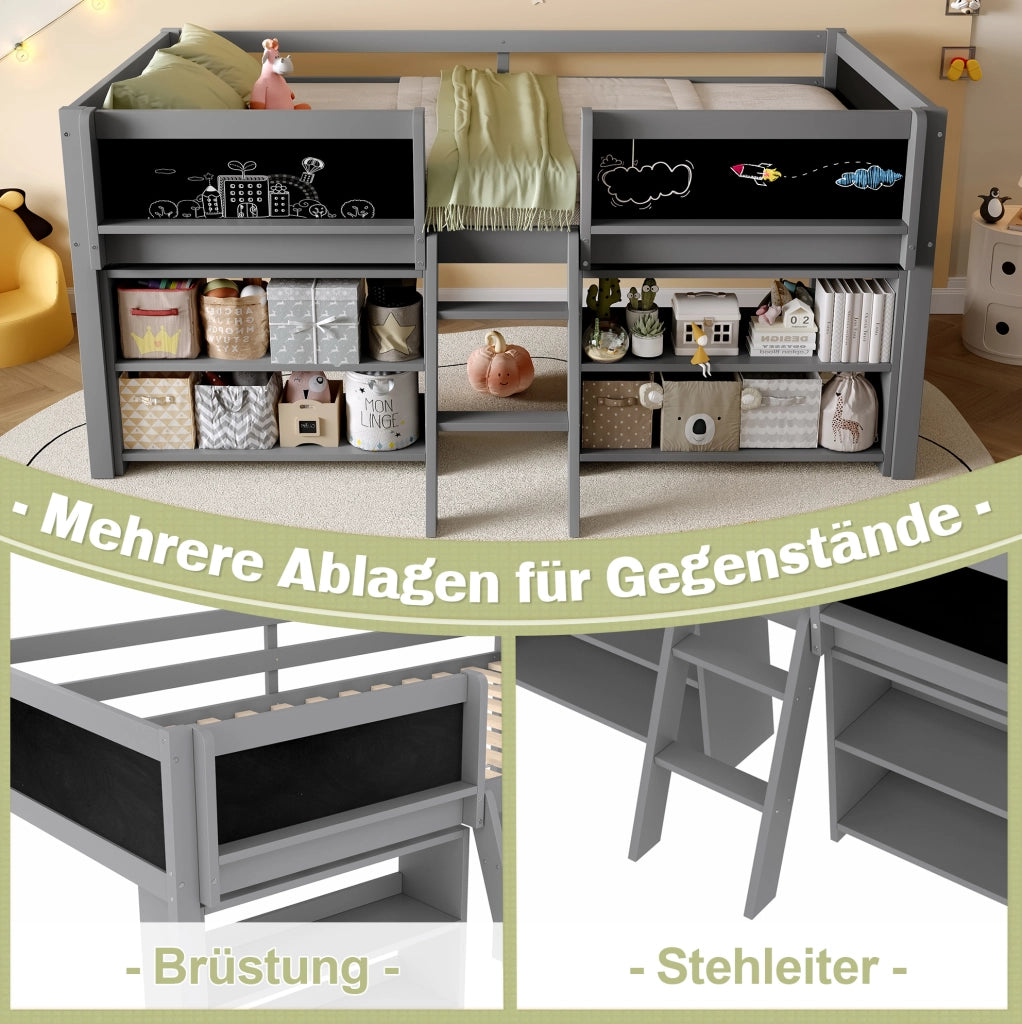 Letto semialto per bambini 90x200 cm con ripiani e lavagna grigio