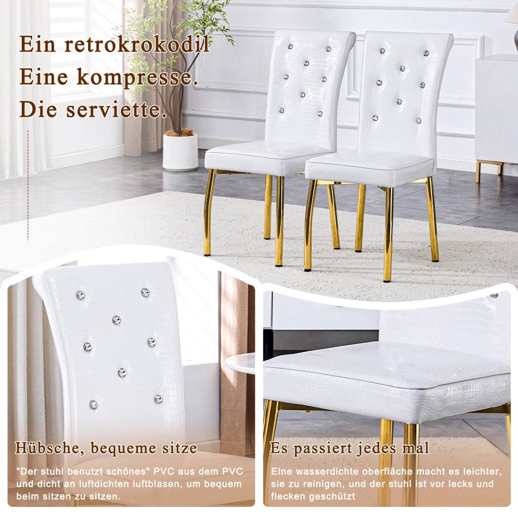 Set di 2 sedie da pranzo con schienale decorato; piedini regolabili e struttura metallica in PVC bianco e oro