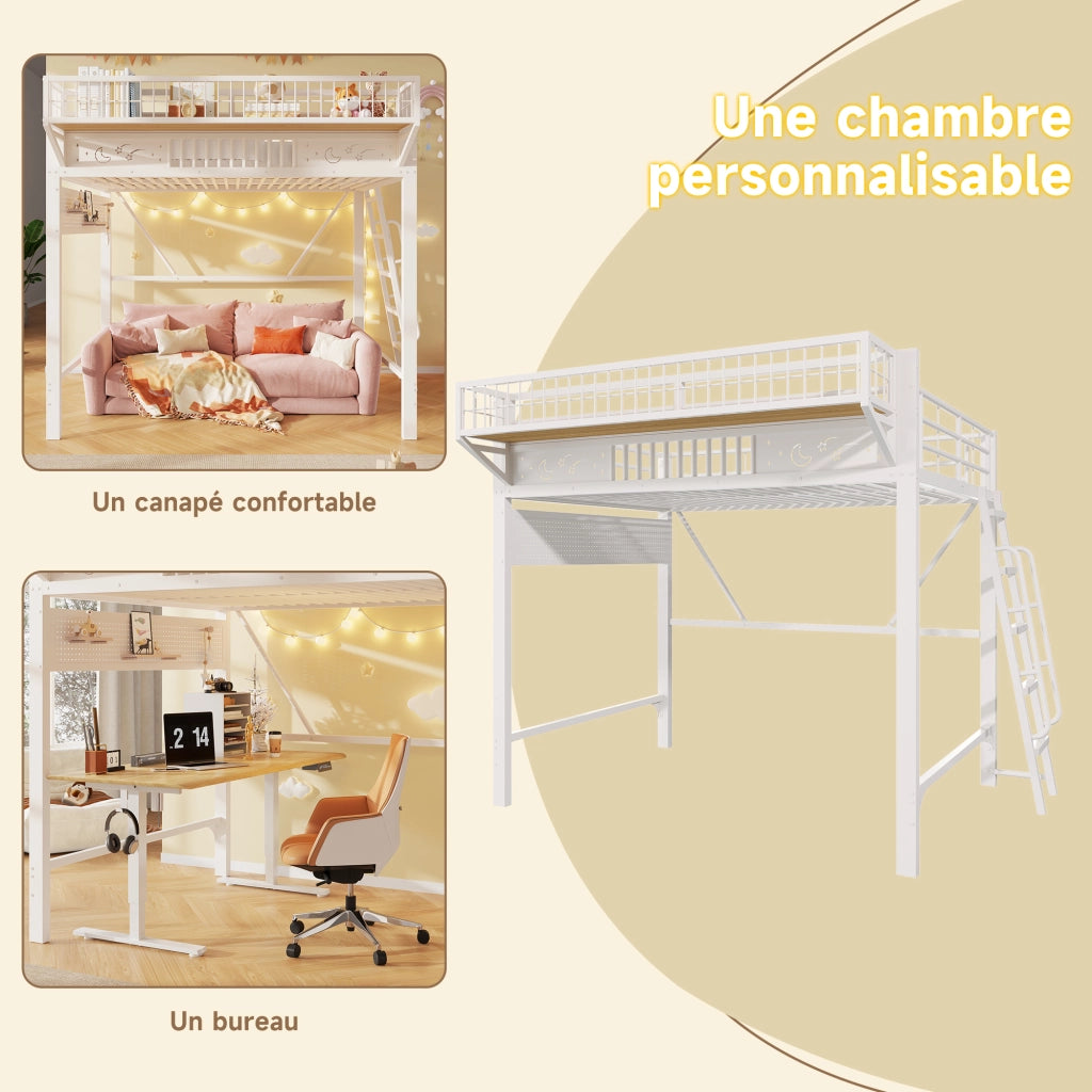 Letto a soppalco 140x200 cm per 2 persone, letto alto con ripiani portaoggetti e spazio aperto sottostante, metallo bianco