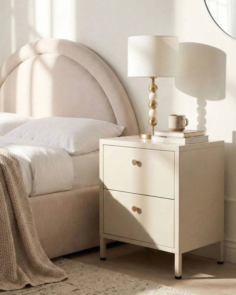 Comodino industriale moderno in acciaio 2 cassetti beige Design Industriale 2 Cassetti Camera da Letto Mobili Contenitori