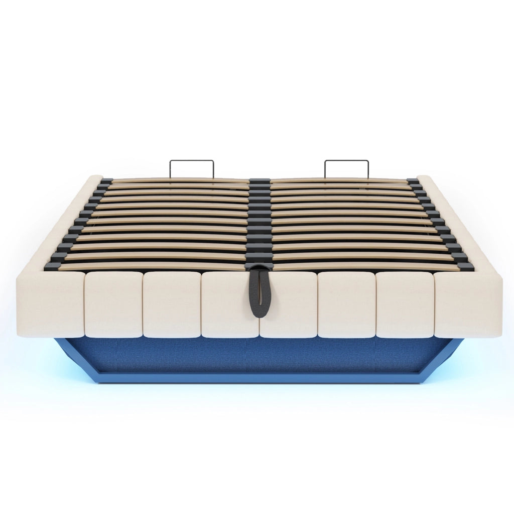 Letto matrimoniale imbottito flottante 140x200 cm con contenitore; LED; beige