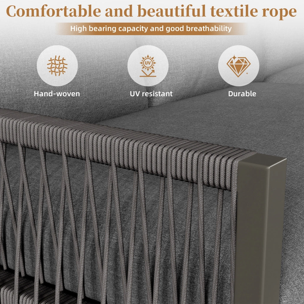 Set lounge da giardino con 3 divani e 2 tavolini; struttura in metallo e poliestere grigio