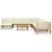 Set Salotto da Giardino 9pz con Cuscini Bianco Crema in Bambù 3058229