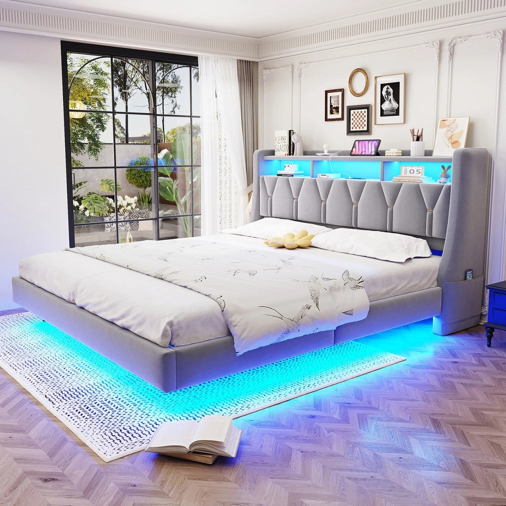 Letto Imbottito 180x200 con LED e Testiera Ribaltabile ¨C MINIMAL ¨C Velluto Grigio Chiaro