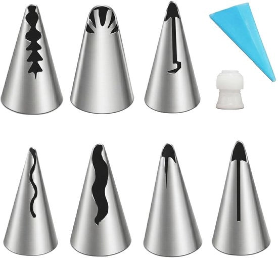 Set di monili a spruzzo 9 pezzi - Acciaio inossidabile - Set di decorazioni per torte e cupcake - 7 ruches - Sacca a spruzzo/connessione - Adatto per principianti - Set di decorazioni per torte
