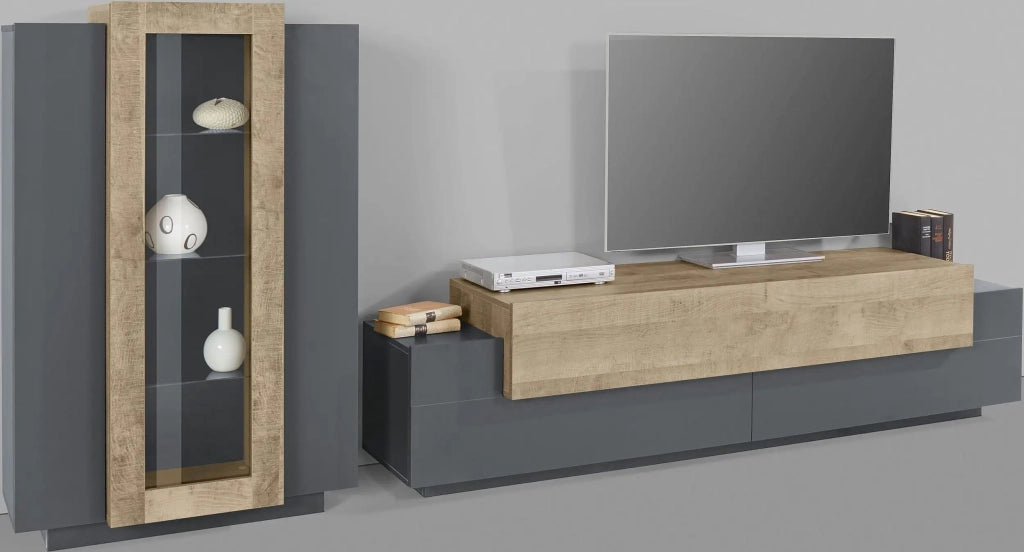 Parete attrezzata moderna antracite e legno mobile porta TV vetrina Woud AP