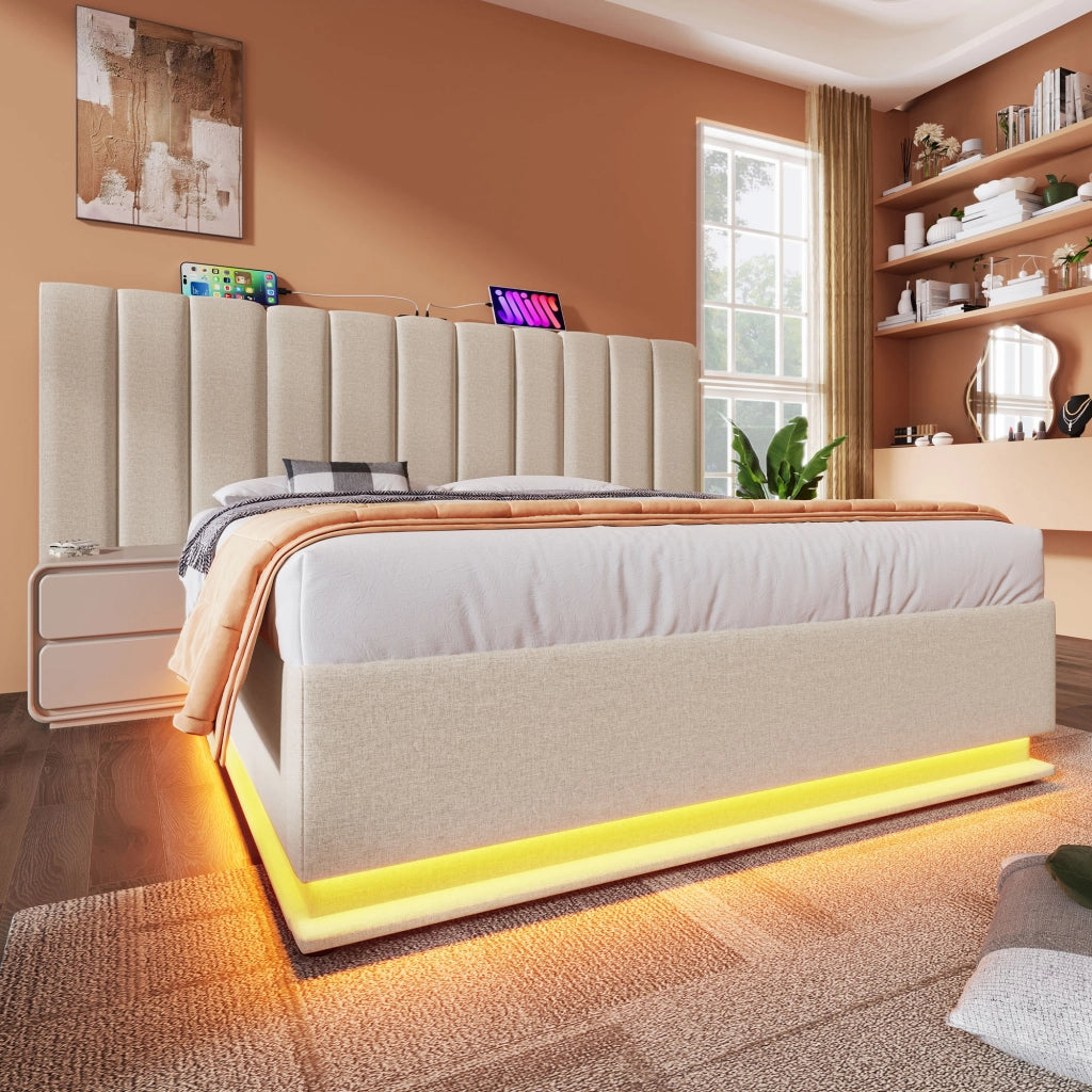 LETTO Contenitore 160x200 cm in Lino Beige con LED e ricarica USB