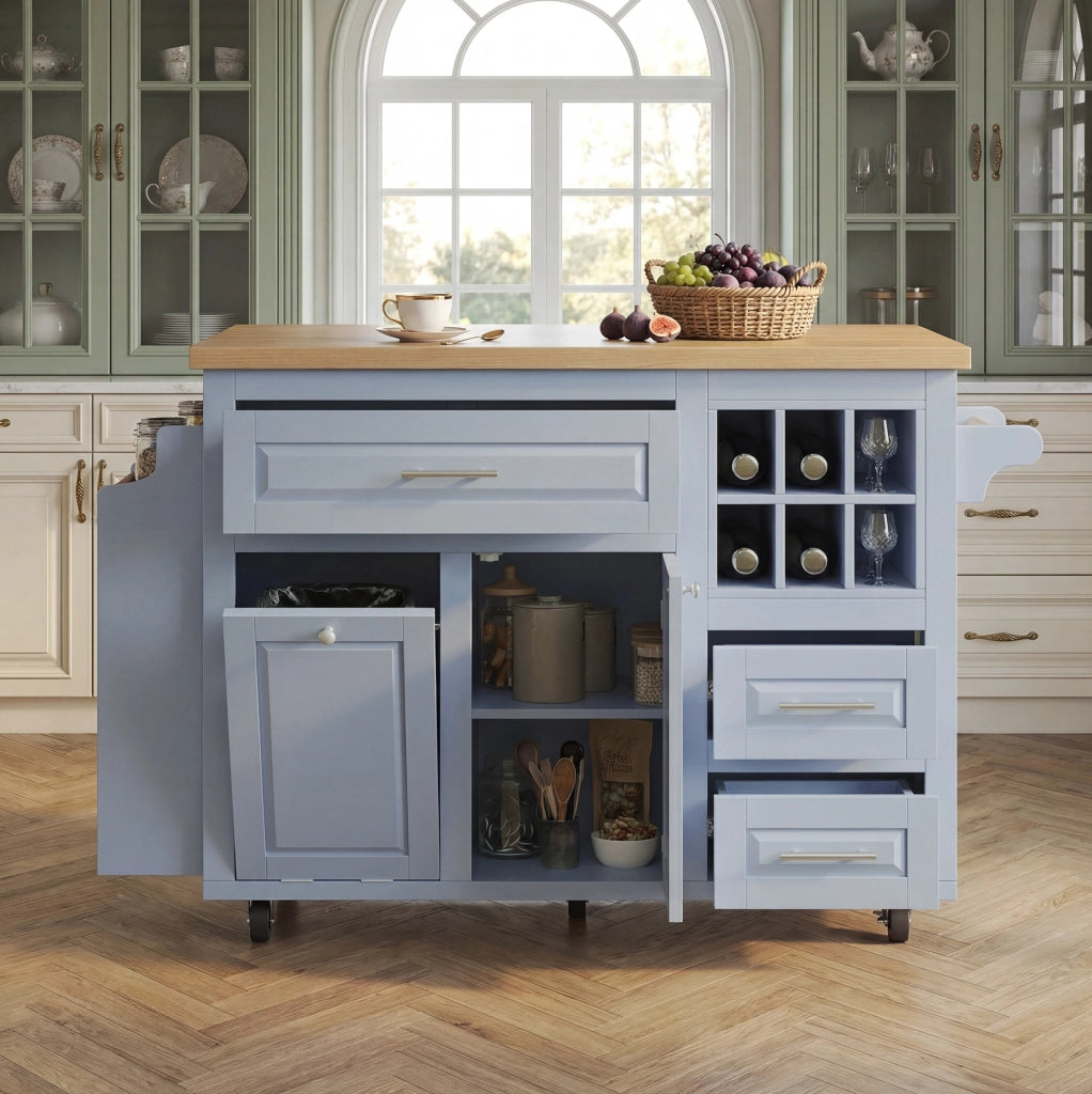 Carrello da cucina blu con piano pieghevole e portabottiglie