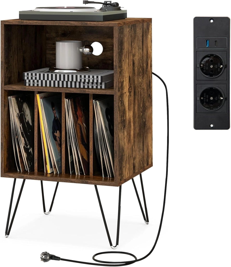 Giradischi Vintage Stand di Legno, Tavolino 3 Livelli con 5 Scomparti di Archiviazione Record in Vinile, Gabinetto del Supporto in Vinile per Soggiorno e Camera da Letto (Marrone Rustico)