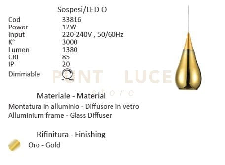 SOSPESI-LED O Sospensione 1 luce a led 12W 3000k colore oro senza base d.10cm h23cm