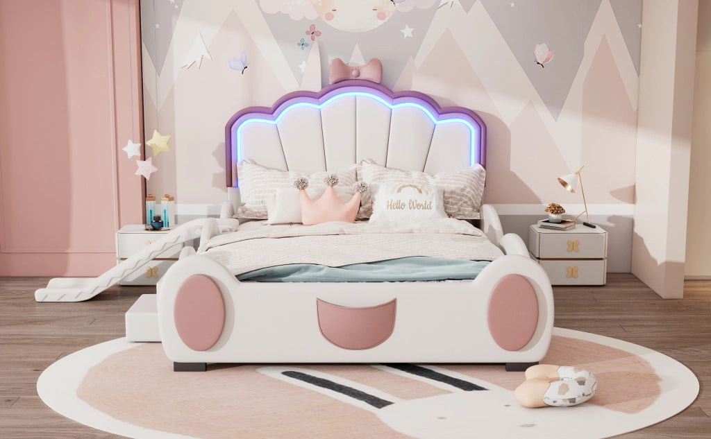 Letto per bambini a farfalla 140 × 200 cm con scivolo scala luce LED regolabile in PU e MDF rosa e bianco